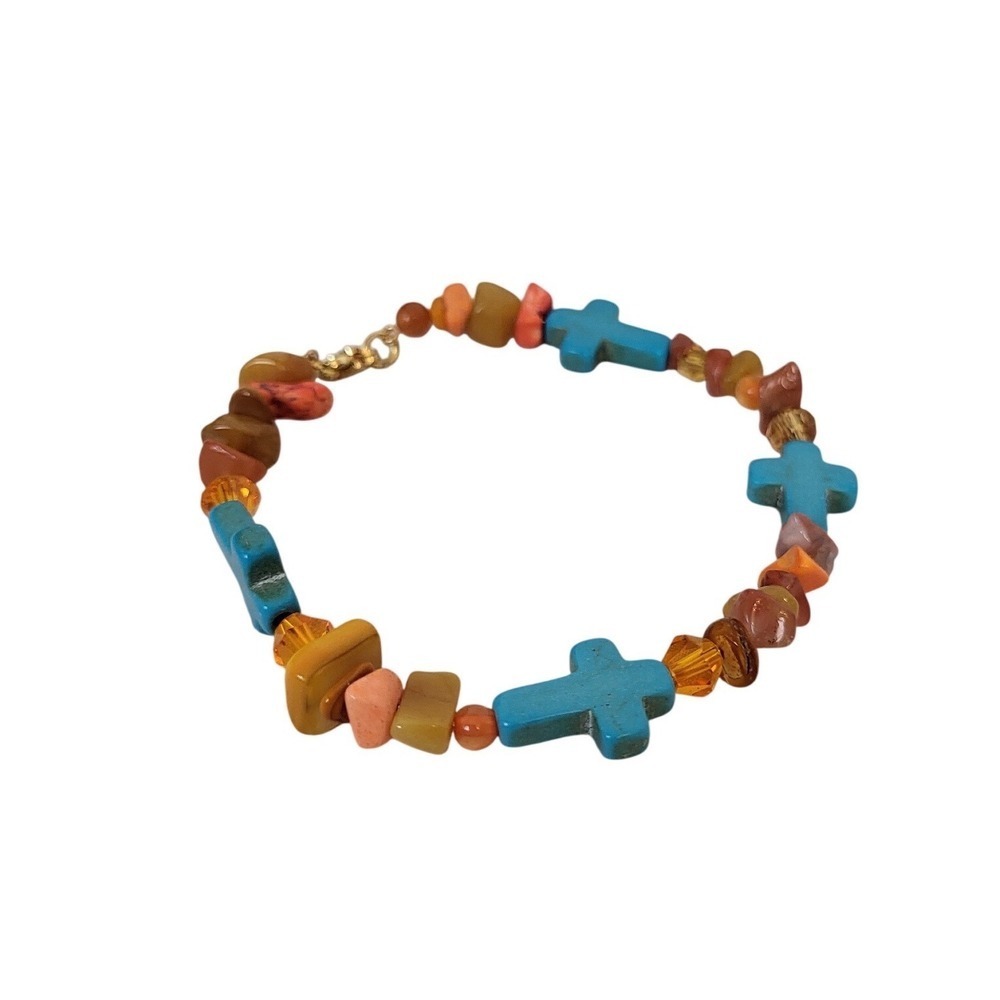 Boho Beaded Bracelet Turquoise Cross Charm Amber Gemstone Leaf Accent